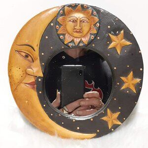 💫 Vintage 90s Celestial 🌞 Sun 🌜 Moon ⭐️ Stars Wooden Wall Hanging Mirror